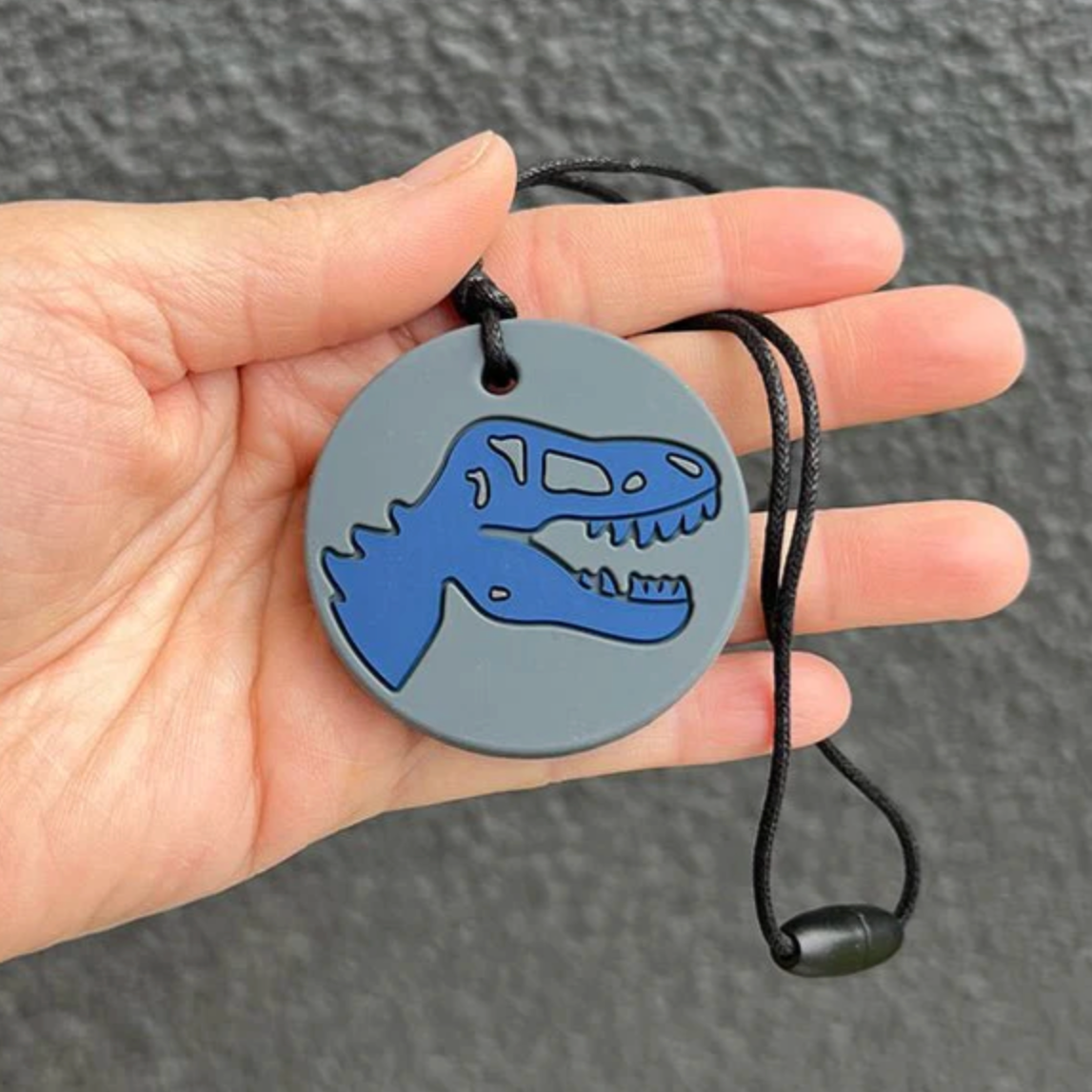 Kids Chew Pendants - Dino - Grey And Blue